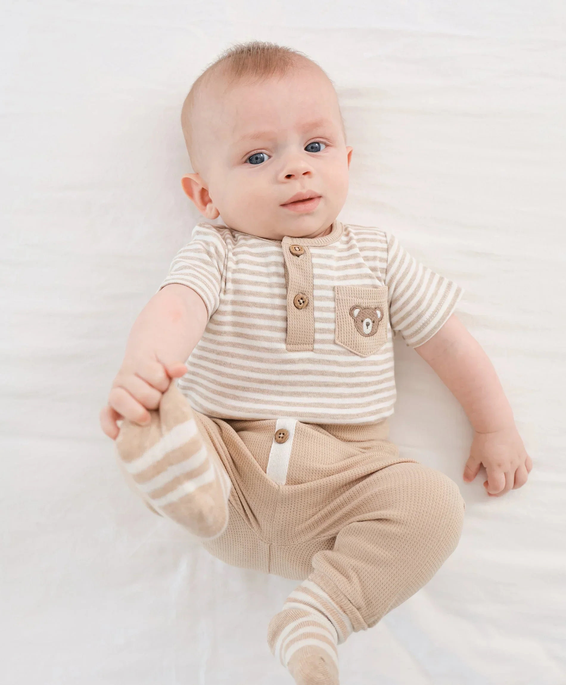 Organic Cotton Short Sleeve Bodysuit - Bear & Oat Stripes - Image 4