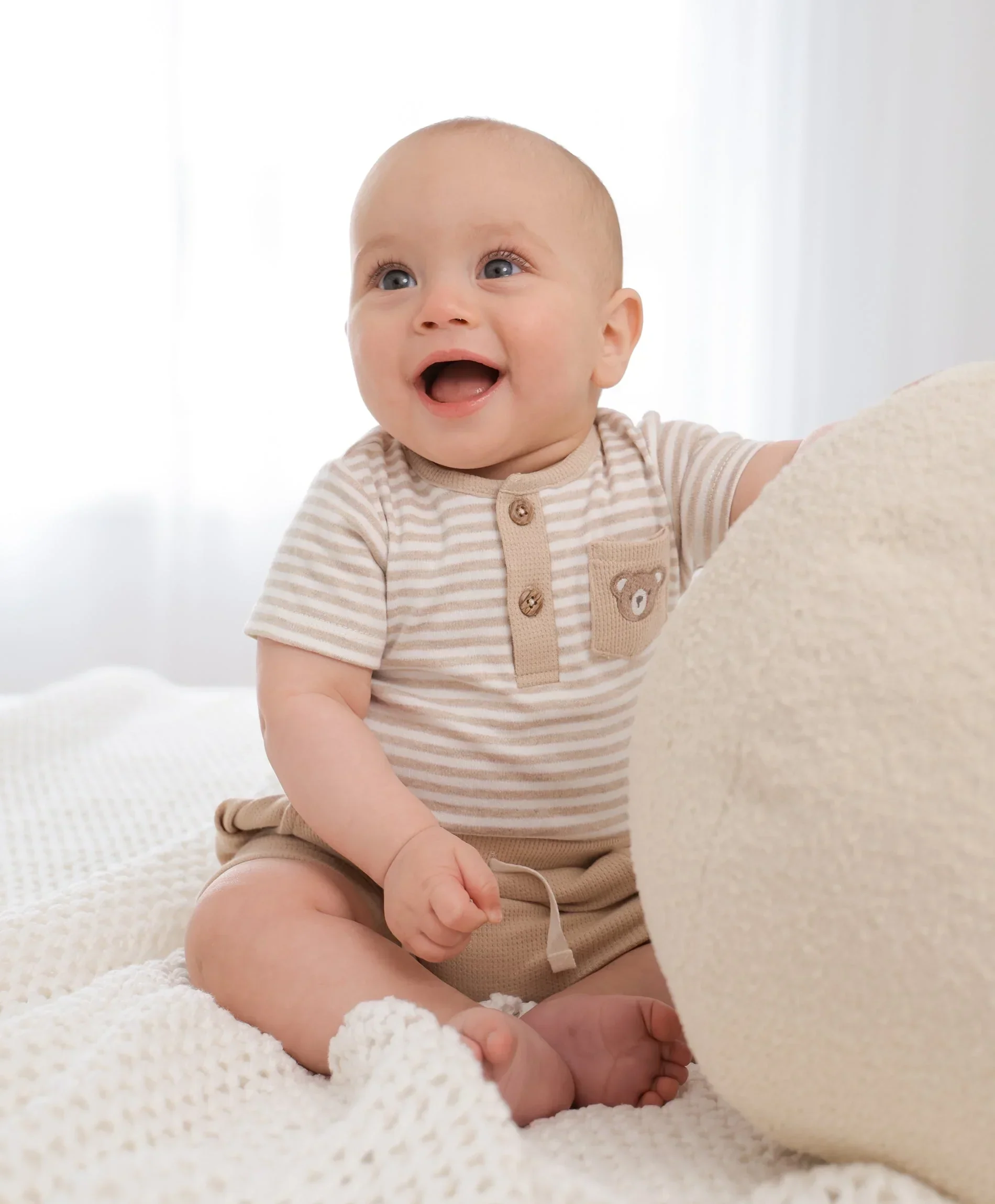 Organic Cotton Short Sleeve Bodysuit - Bear & Oat Stripes - Image 5