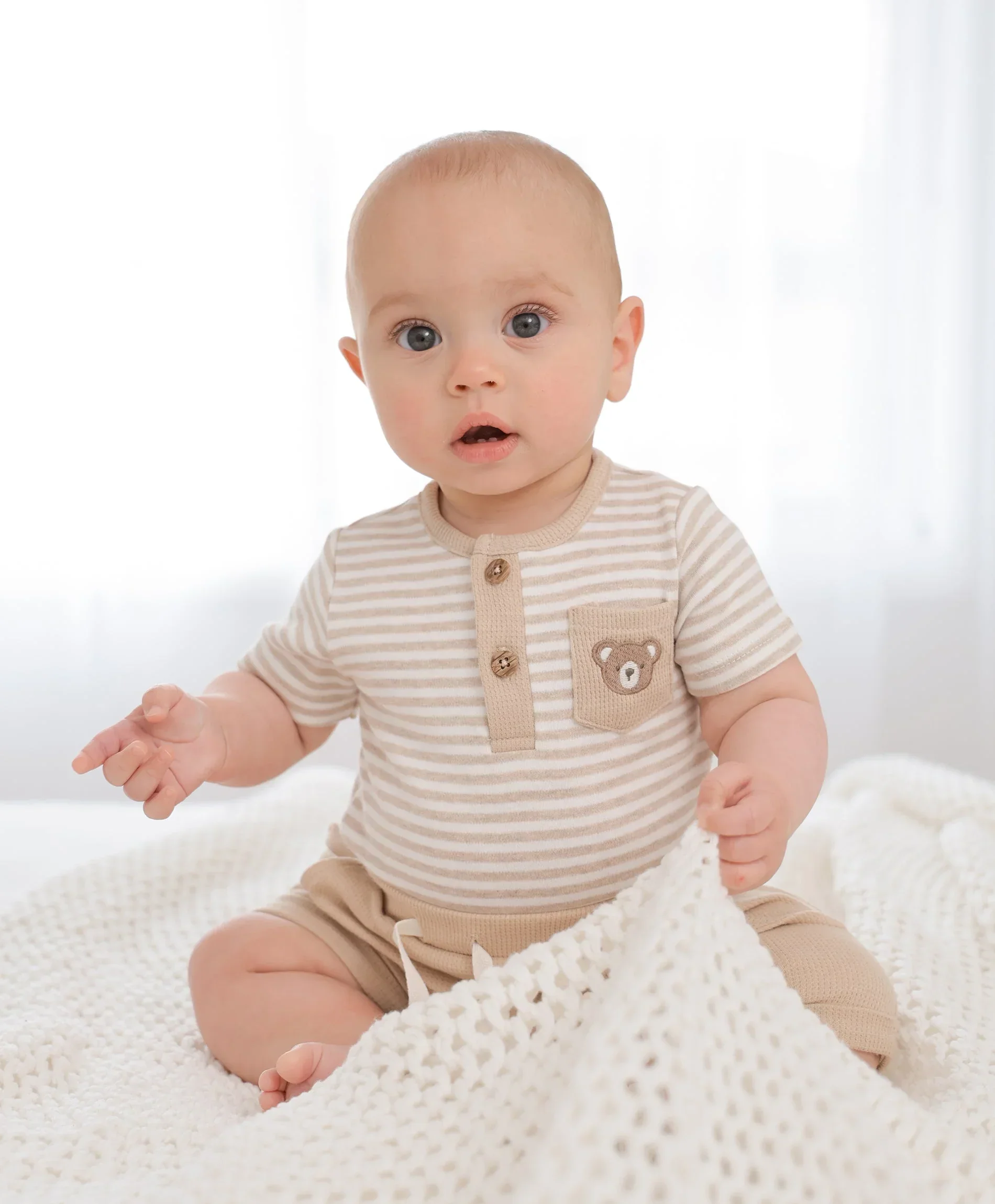 Organic Cotton Short Sleeve Bodysuit - Bear & Oat Stripes - Image 7