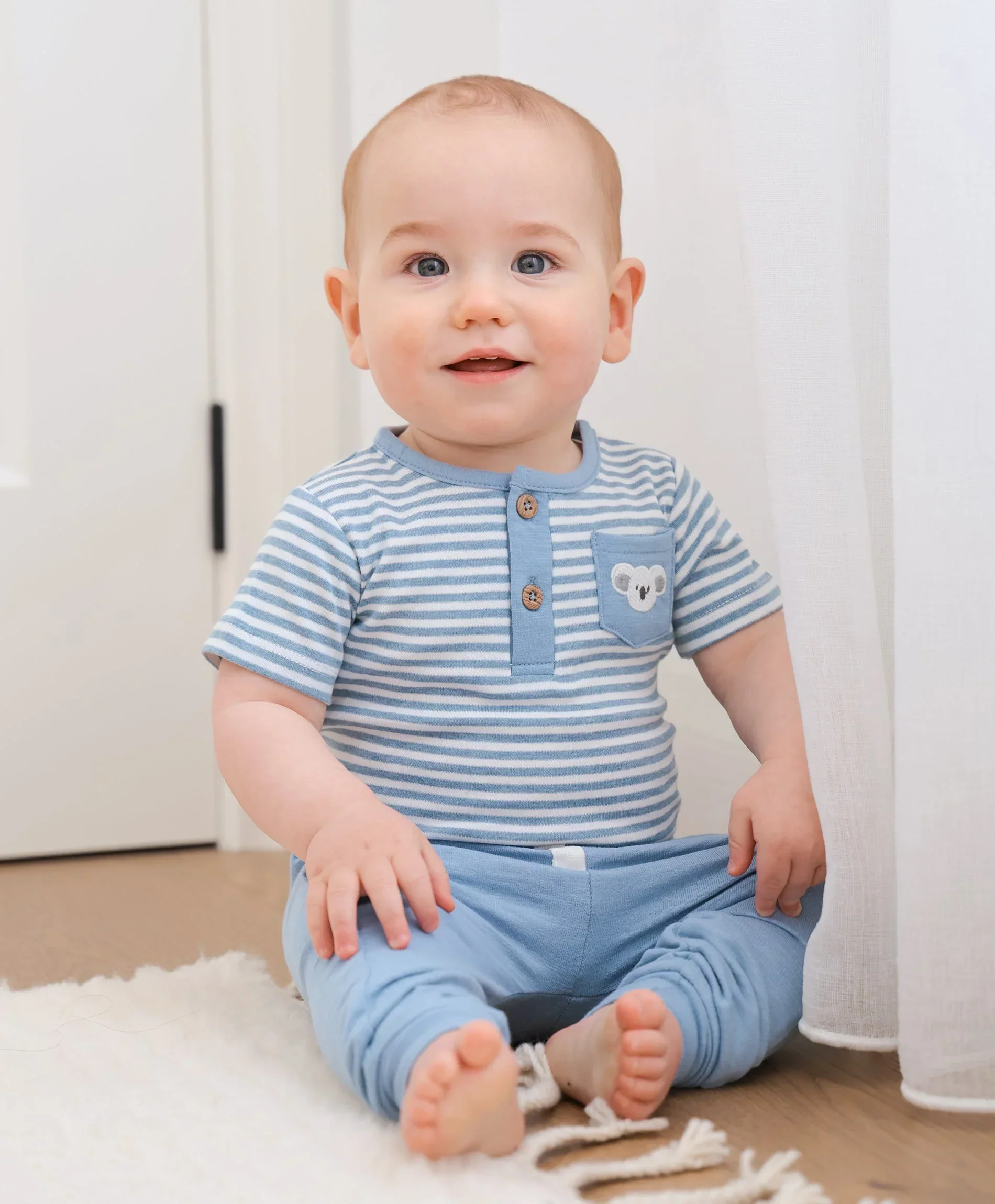 Organic Cotton Short Sleeve Bodysuit - Koala & Blue Stripes - Image 5