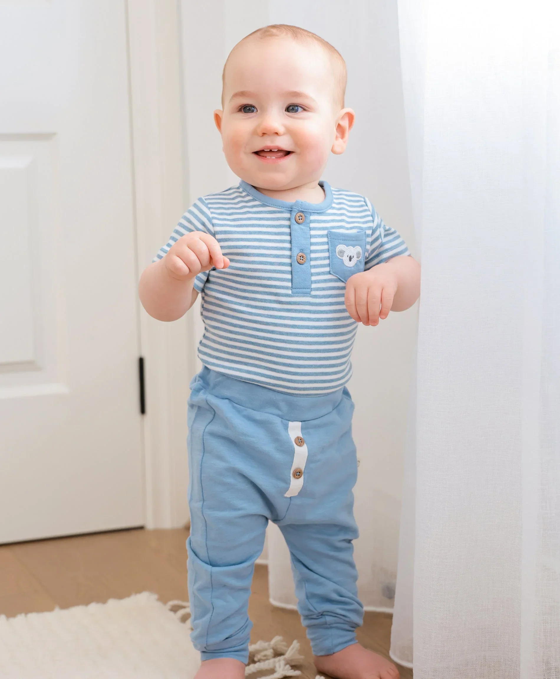 Organic Cotton Short Sleeve Bodysuit - Koala & Blue Stripes - Image 7