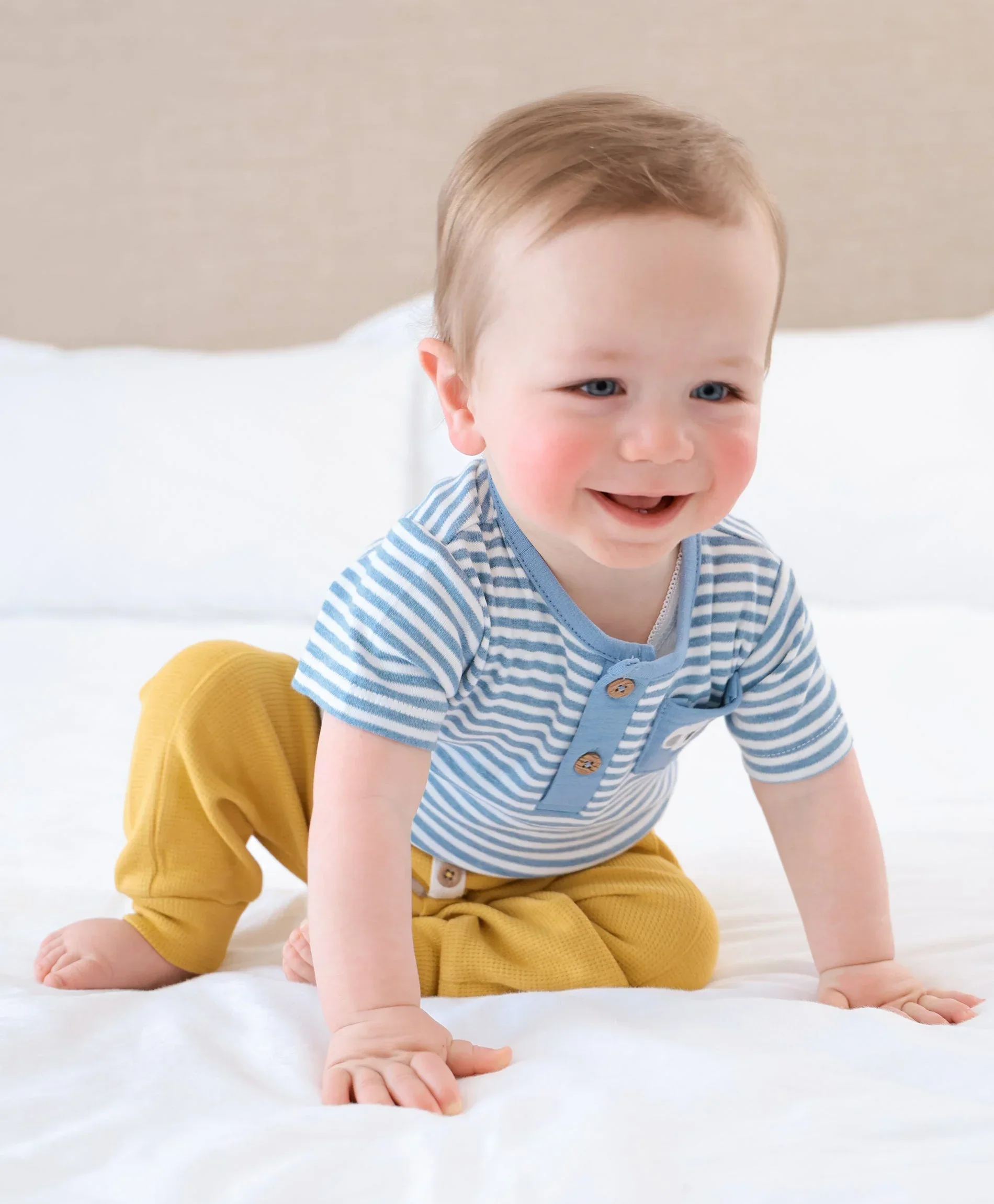 Organic Cotton Waffle Button Pants - Mustard - Image 3