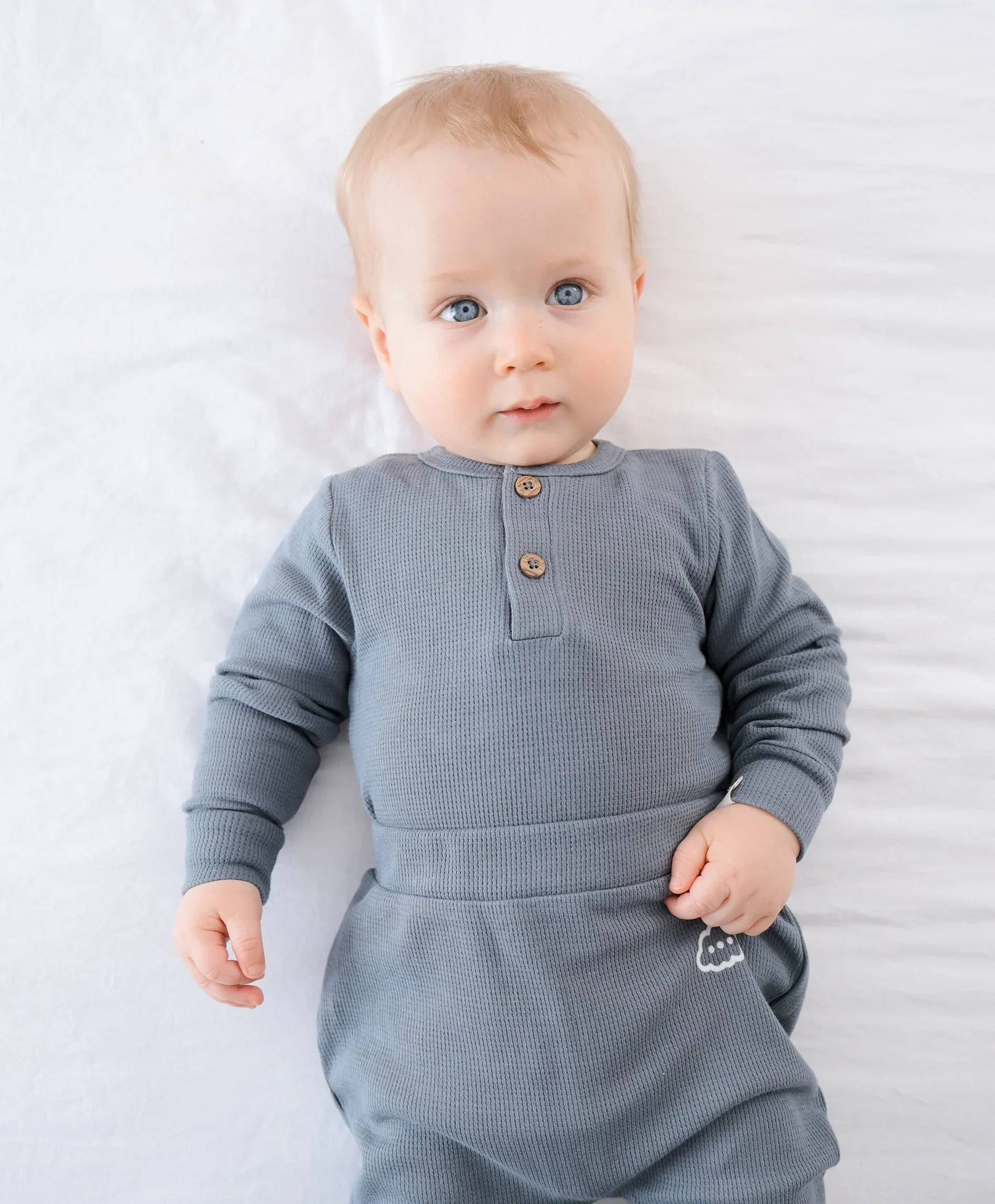 Organic Cotton Waffle Long Sleeve Bodysuit - Charcoal Blue - Image 3