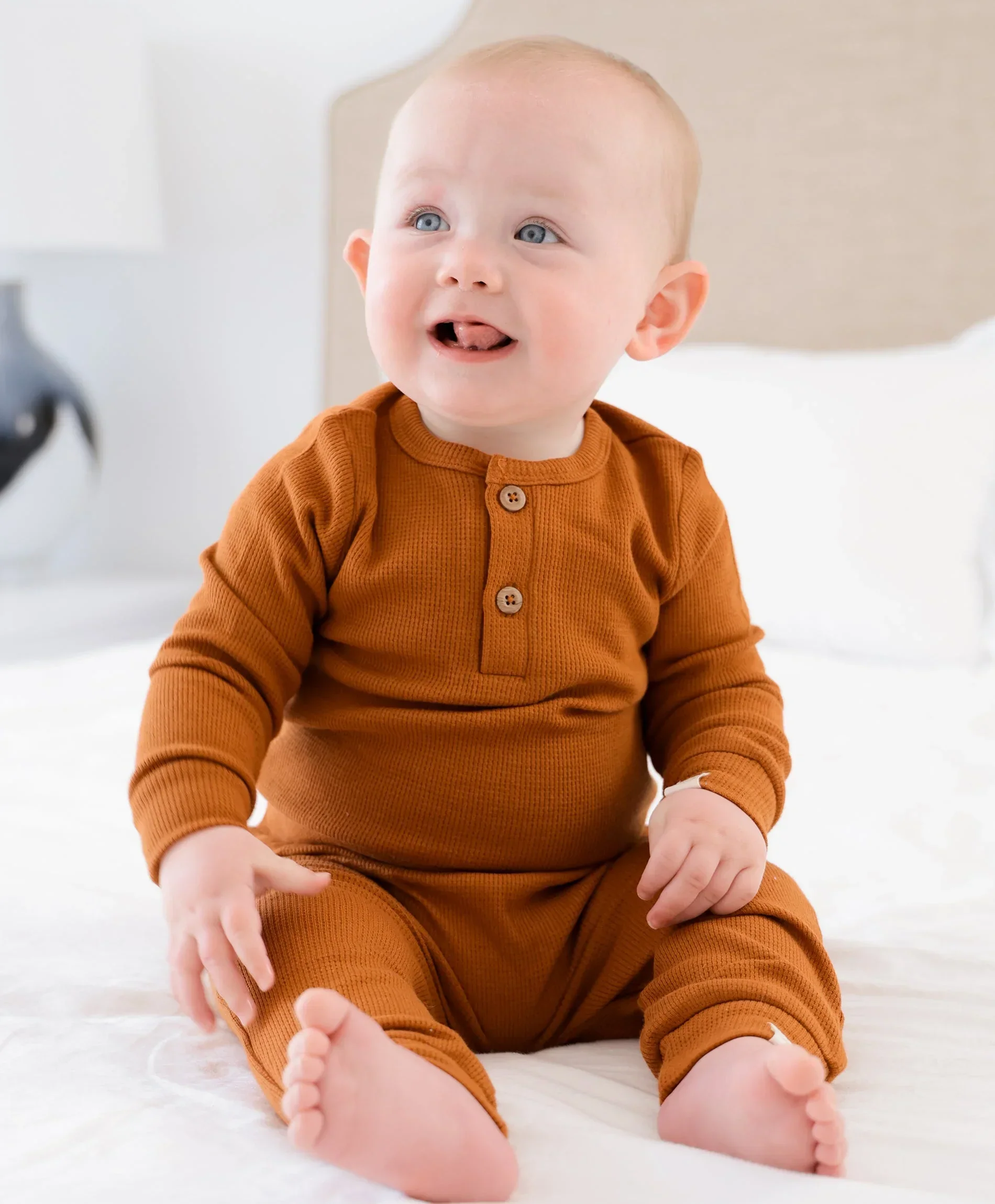 Organic Cotton Waffle Long Sleeve Bodysuit - Ginger - Image 3